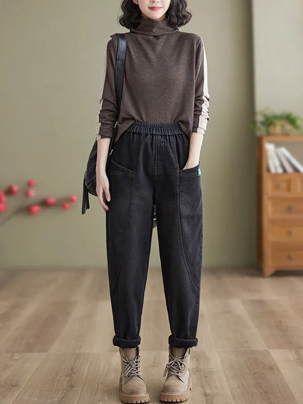 Casual Loose Velvet Solid Color With Pockets Harem Jean Pants Bottoms