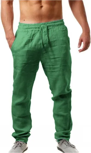 Muyise Men's Casual Summer Long Pants Cotton Linen Elastic Waist Straight Leg Palazzo Baggy Lounge Trousers with Pockets