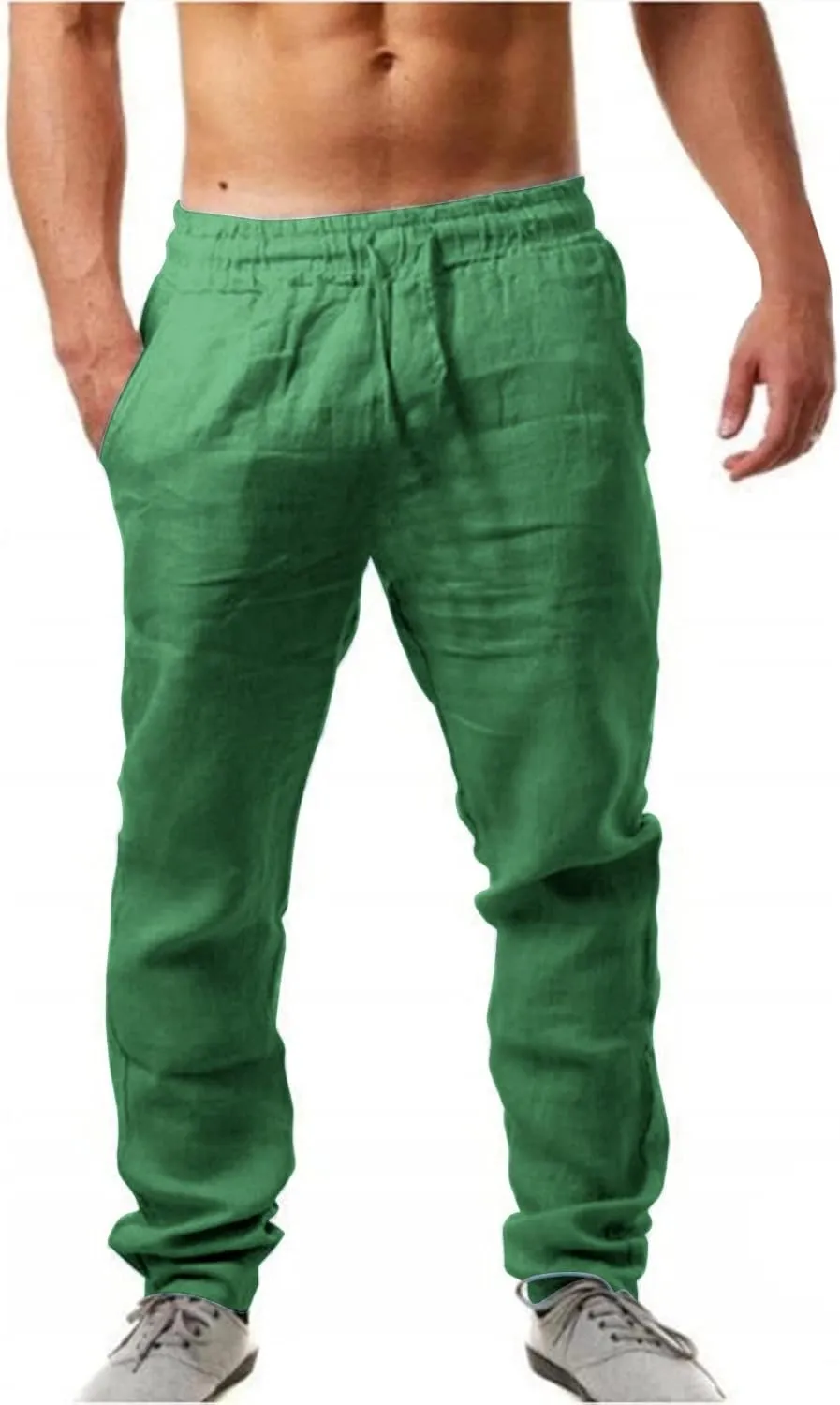 Muyise Men's Casual Summer Long Pants Cotton Linen Elastic Waist Straight Leg Palazzo Baggy Lounge Trousers with Pockets