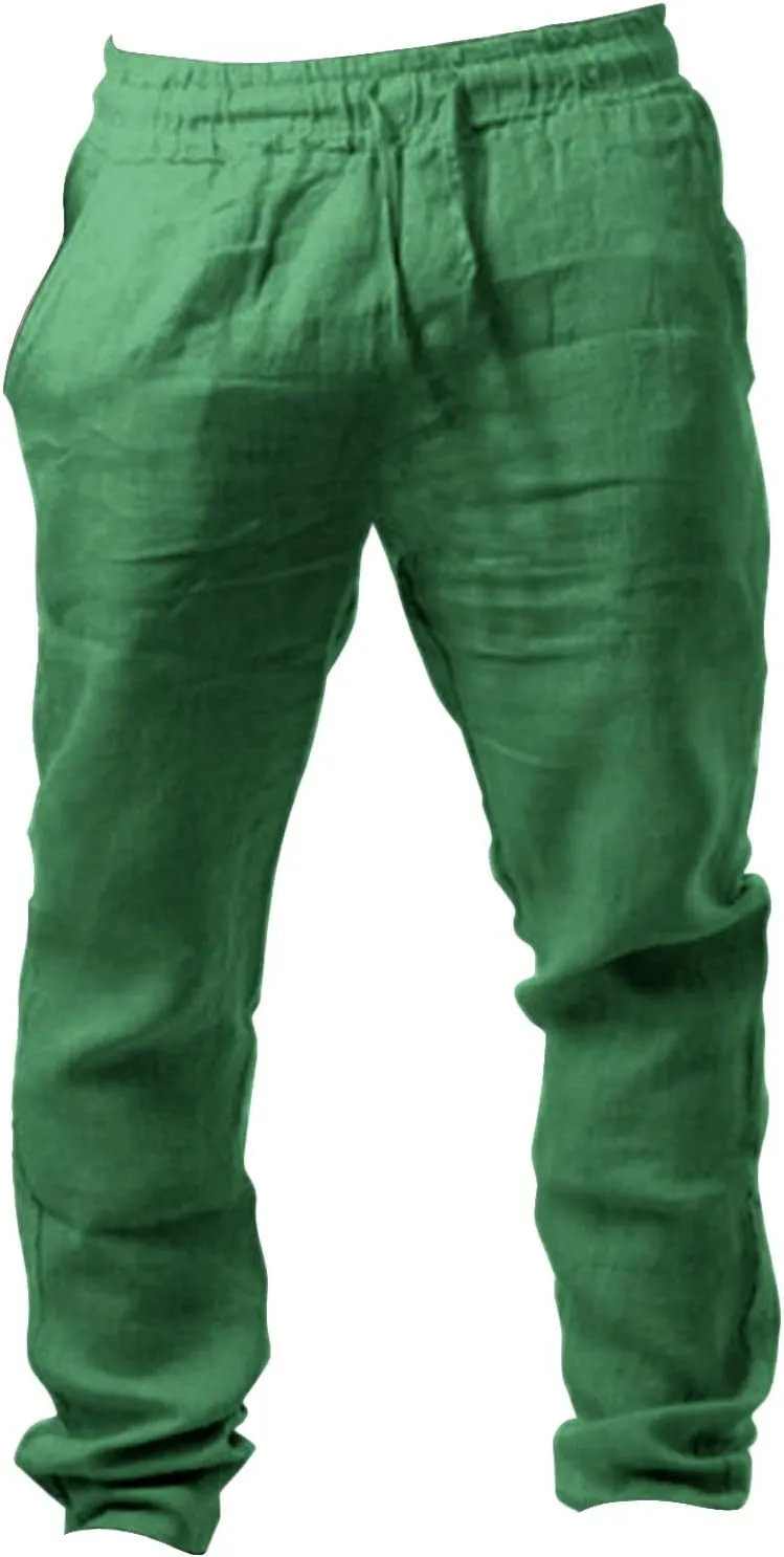 Muyise Men's Casual Summer Long Pants Cotton Linen Elastic Waist Straight Leg Palazzo Baggy Lounge Trousers with Pockets