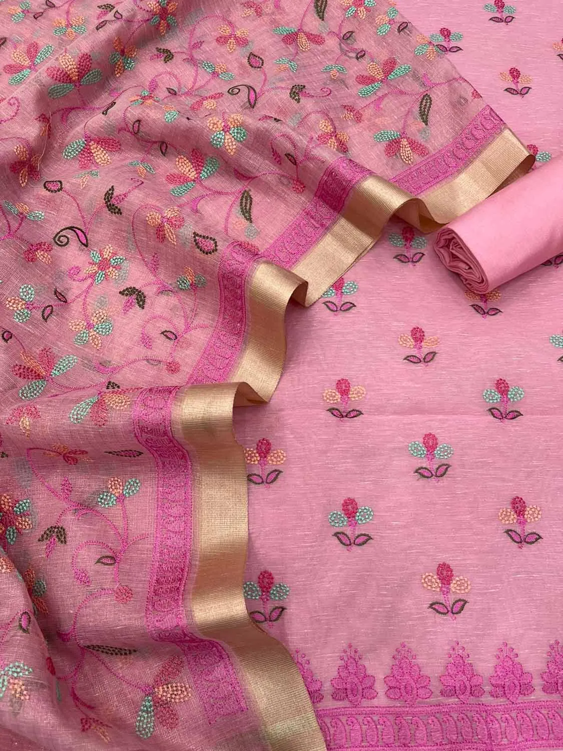 Stylish Pink Banarasi Linen Cotton Suit Set - Unstitched